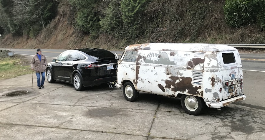 Tesla towing VW Van