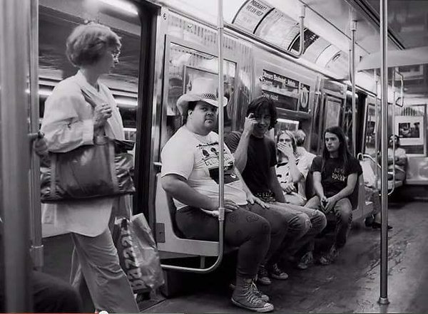 Tad, Krist, Kurt & Chad on subway, 1990.
