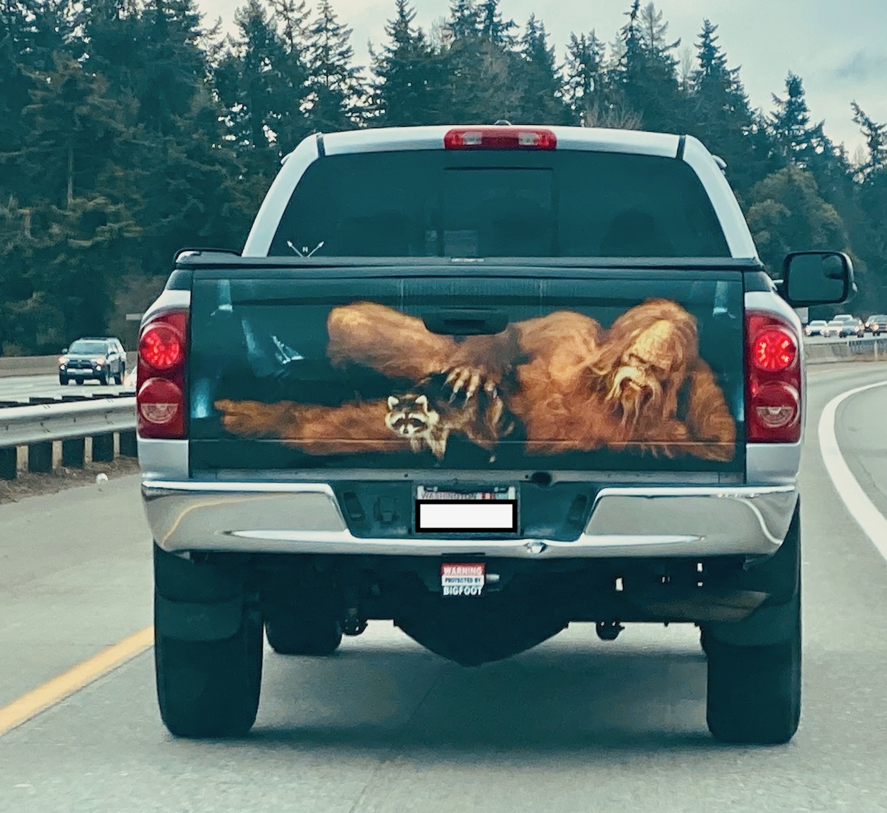 Raunchy bigfoot image on truck.