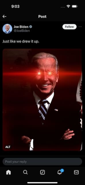 Joe Biden with glowing red eyes.